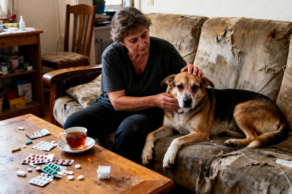 Femme assise caressant chien sur canapé abîmé, table avec médicaments et tasse de thé.