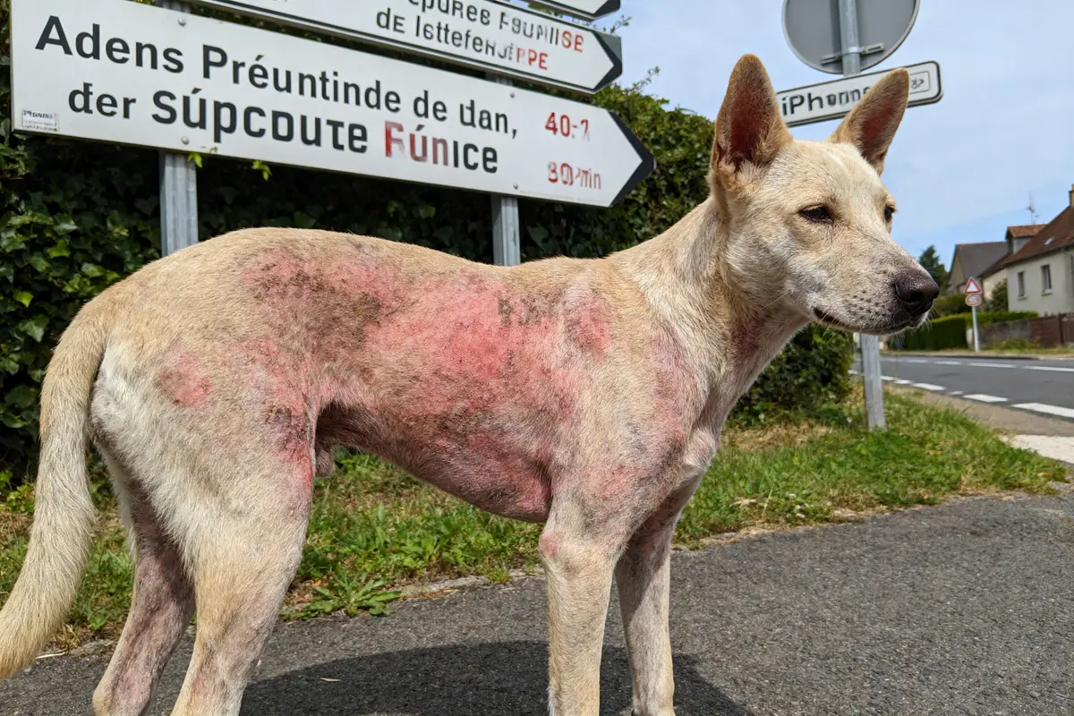 Chien au pelage endommagé debout près de panneaux de signalisation sur une route.