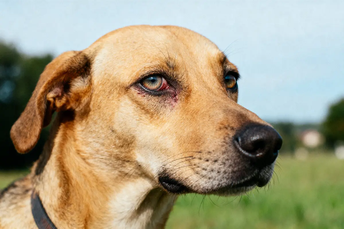 Chien au pelage fauve avec yeux bleus, légèrement blessé sous l’œil, regard vers l'horizon. Fond flou.