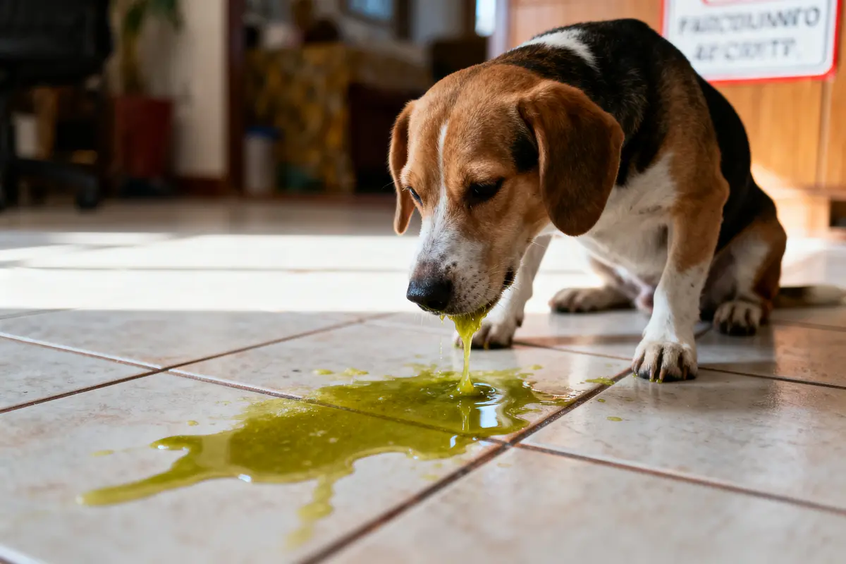 Chien renifle liquide jaune sur le sol carrelé, intérieur lumineux.