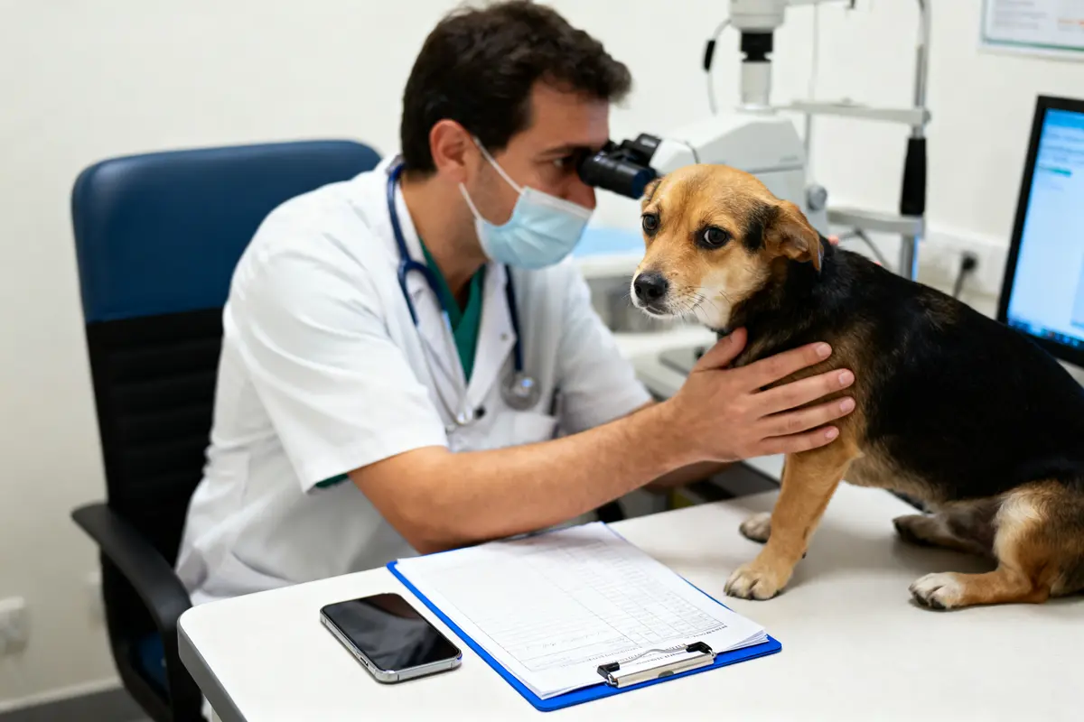 Un vétérinaire masque examine les yeux d'un chien, stéthoscope et dossiers sur la table.