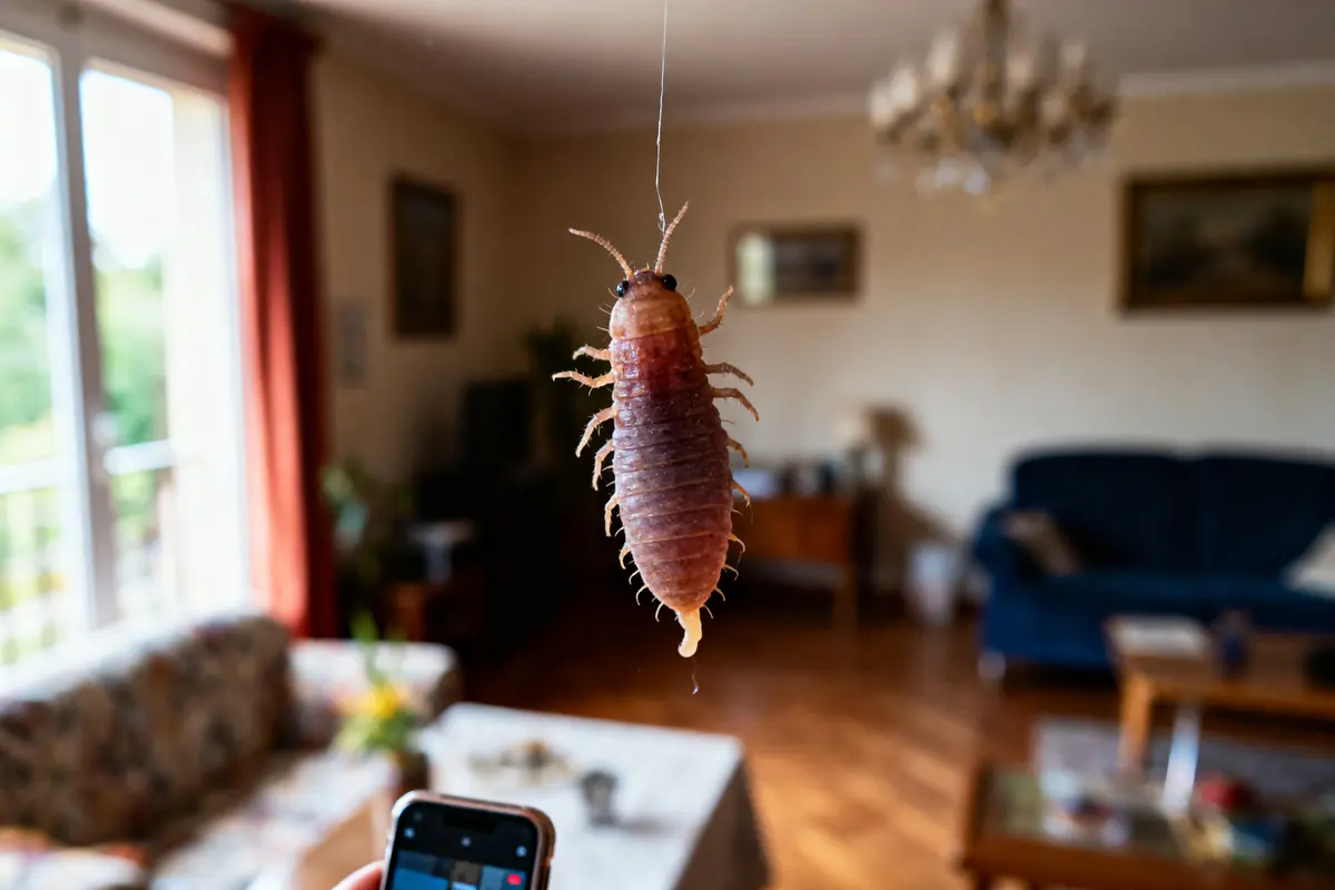 Insecte suspendu, photographié en intérieur avec un téléphone, salon en arrière-plan, meubles flous, ambiance chaleureuse.