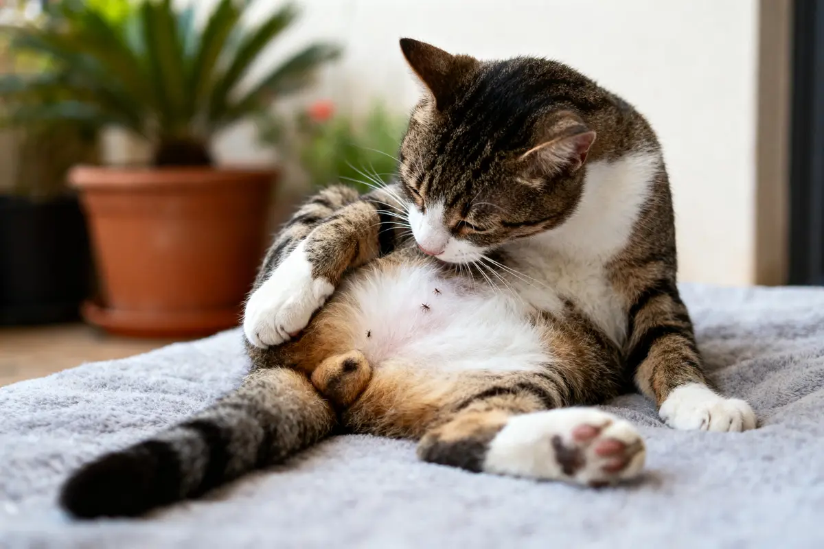 Chat tigré nettoyant son ventre, assis sur une couverture grise, plante en pot en arrière-plan.