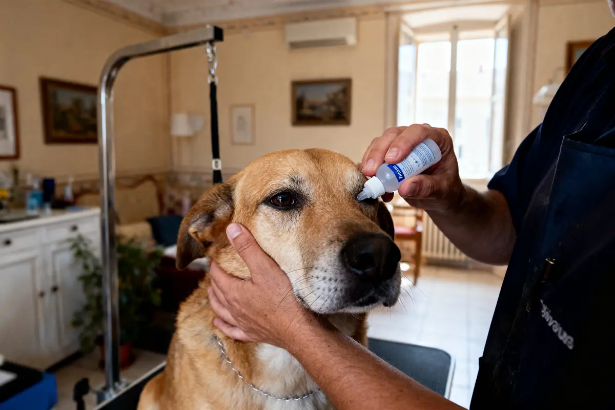 Un chien reçoit des gouttes ophtalmiques d'une personne dans un salon lumineux.