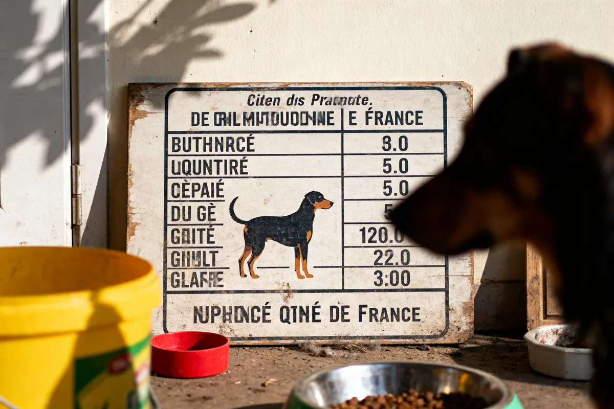 Panneau avec chien et texte énigmatique, seaux colorés, et gamelles de nourriture pour chien.