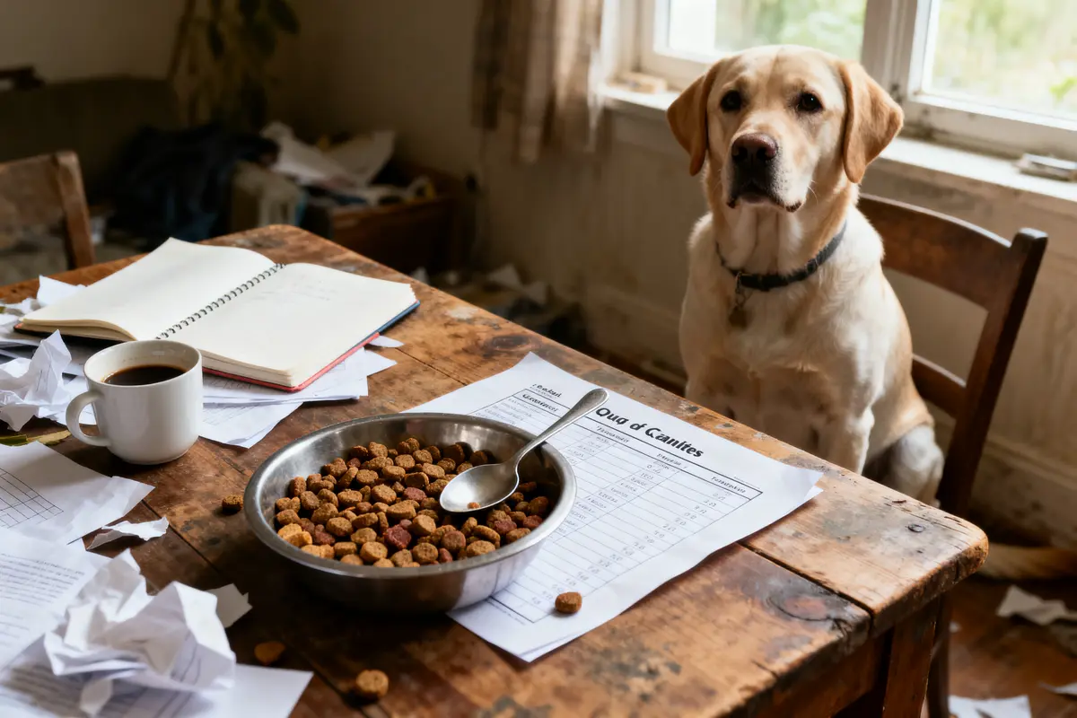Chien assis à table avec bol de croquettes, tasse de café, cahier et papiers éparpillés.