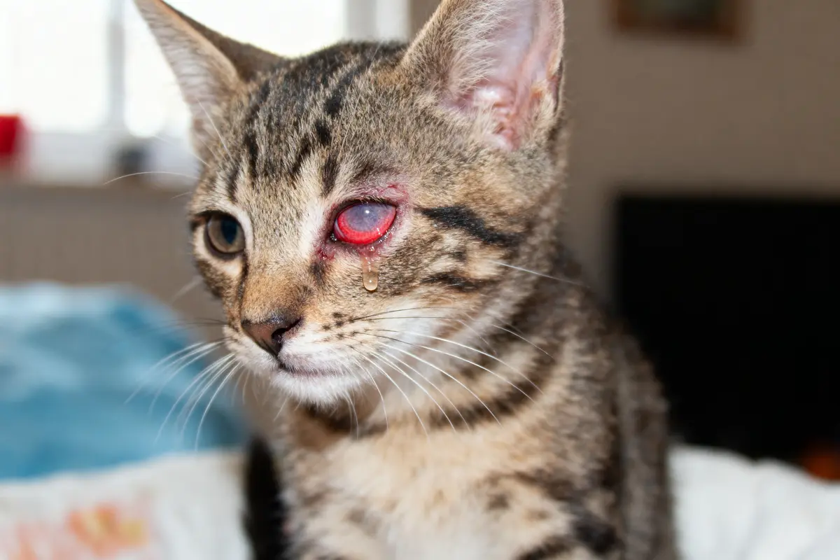 Chaton tigré avec œil infecté et pleurant, assis à l'intérieur. Fond flou.