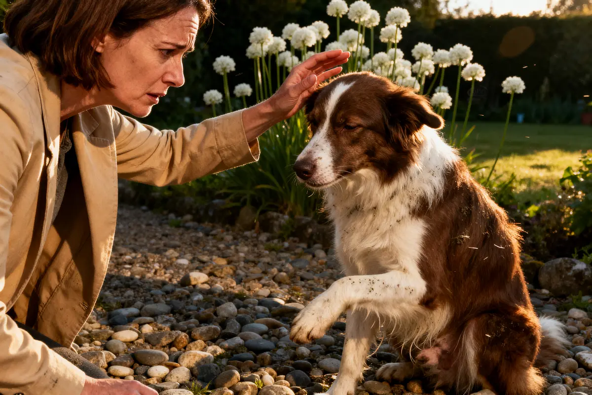 Une femme caresse un chien assis sur un chemin de pierres, entouré de fleurs blanches.