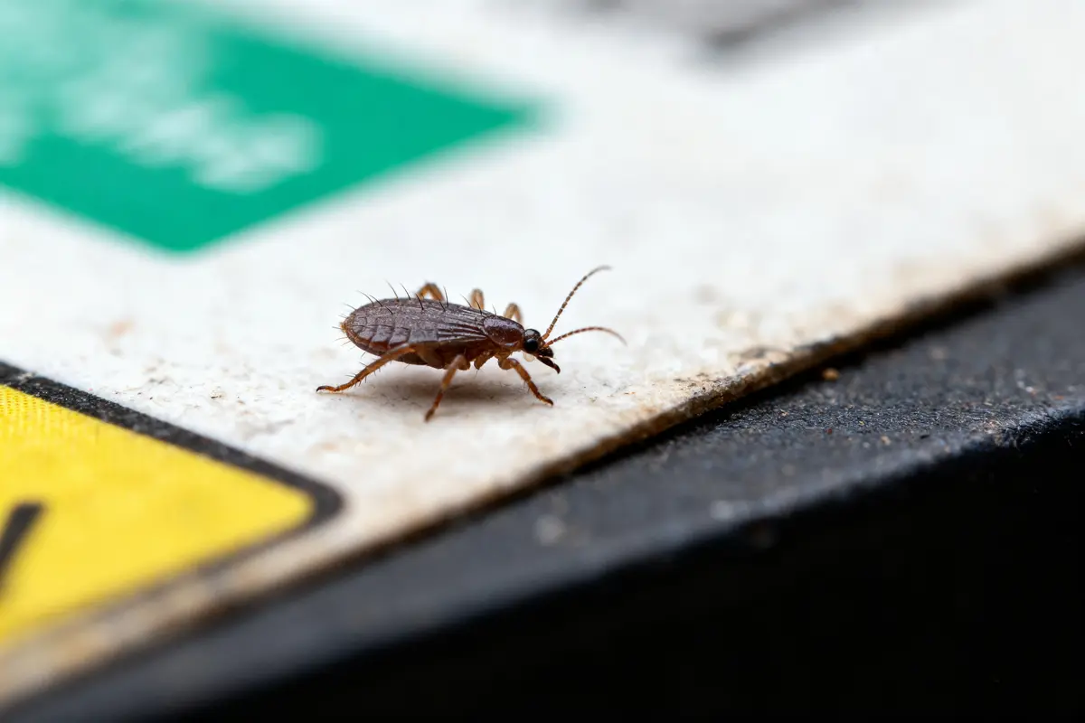 Un insecte marron, probablement une punaise de lit, sur une surface blanche et noire avec signes colorés.