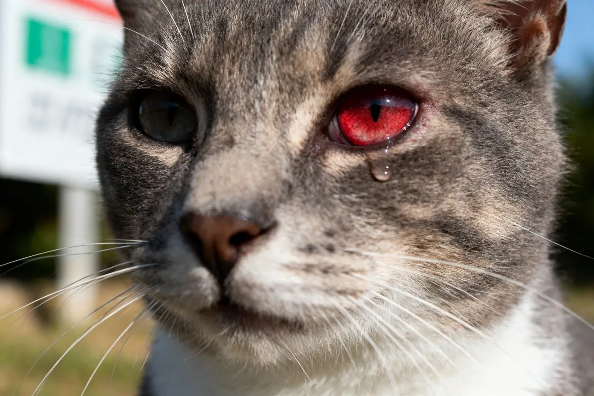 Chat gris avec un œil rouge et une larme sur son visage, en gros plan.