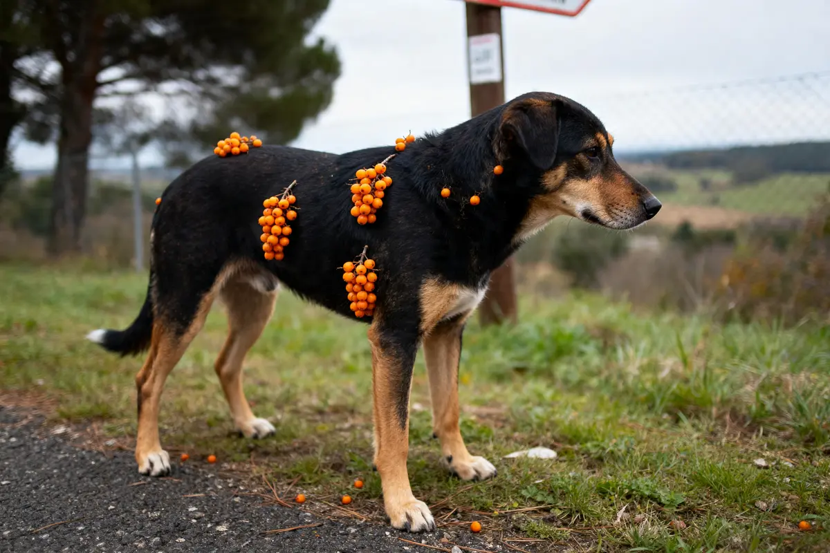Chien avec grappes d’orange accrochées sur le dos, aoutat chien en extérieur