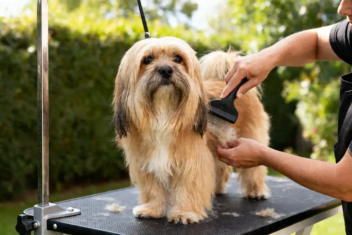 Personne brossant un chien poil long sur une table de toilettage en plein air