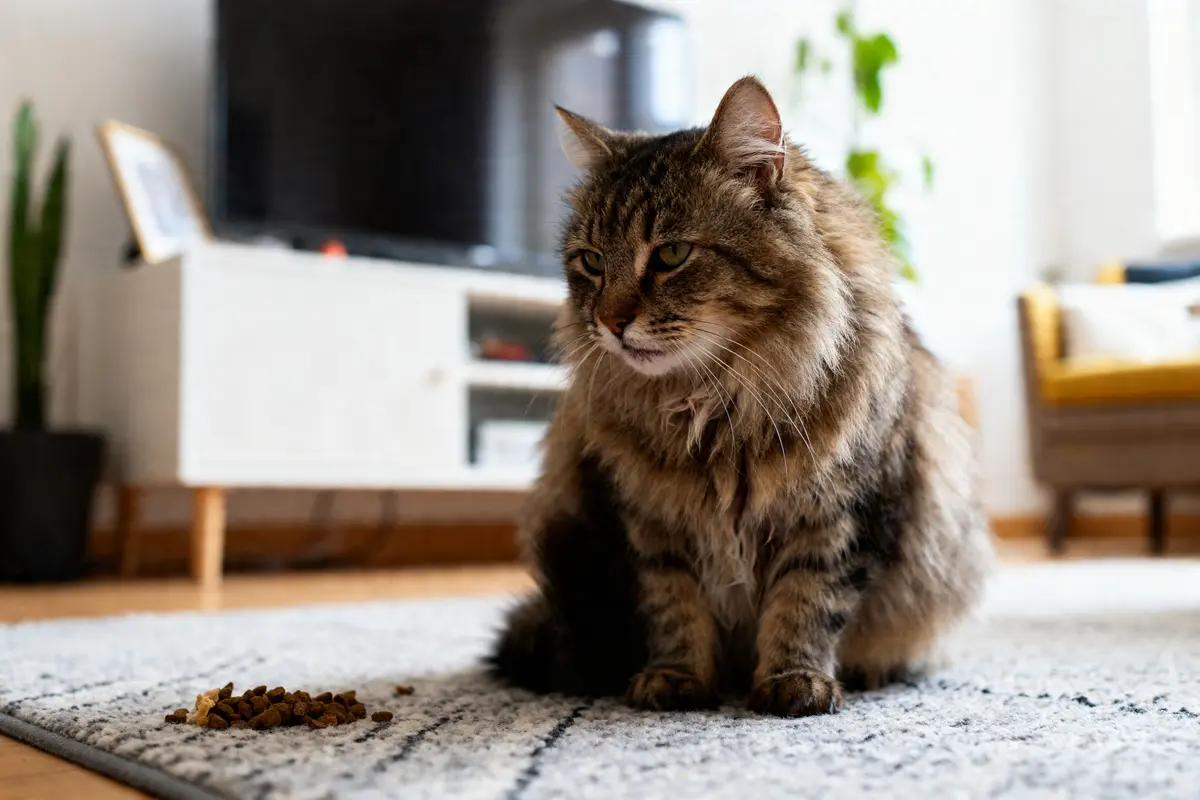 Chat boule de poil coincée symptôme visible près de croquettes sur tapis