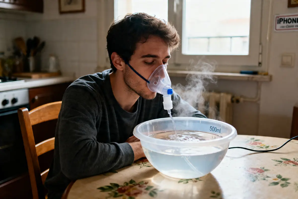Homme utilisant un masque pour démontrer comment faire une inhalation avec bol vapeur maison