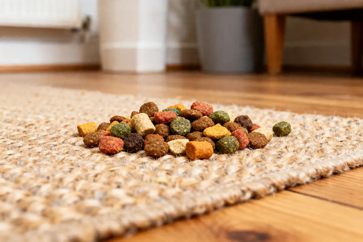 Croquettes ultra premium colorées sur tapis en fibres naturelles dans un salon lumineux