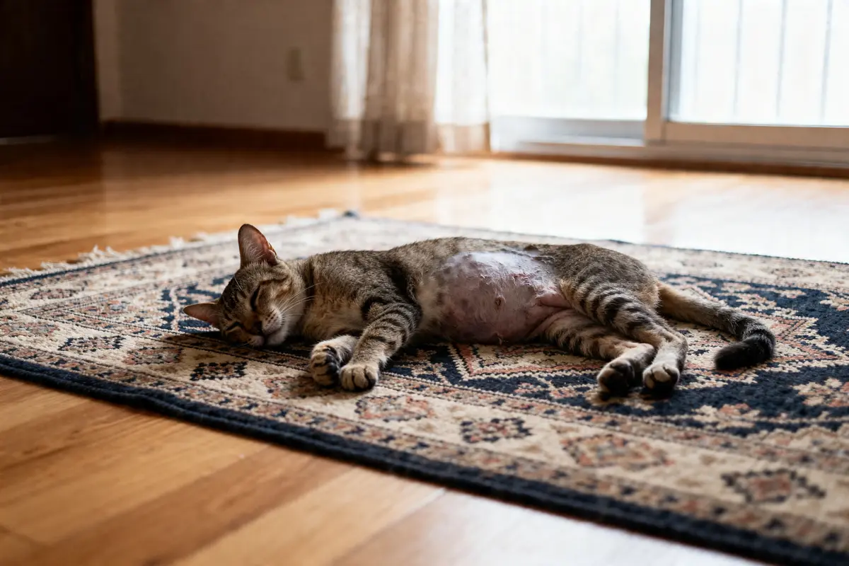 Chat allongé sur un tapis illustrant insuffisance rénale chat phase terminale symptômes