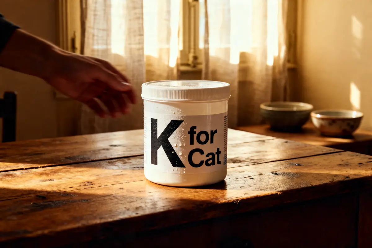 Pot de nourriture marqué k for cat sur une table en bois éclairée par le soleil