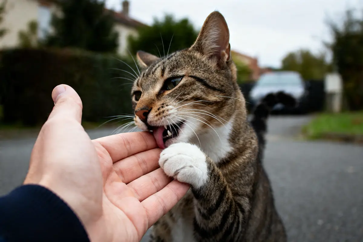 Main tendue vers un chat tigré, mon chat me mordille gentiment du doigt