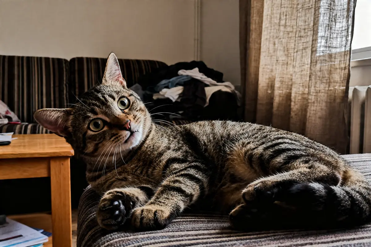 Chat tigré intrigué allongé sur canapé dans salon ombragé avec mot-clé mon chat tousse