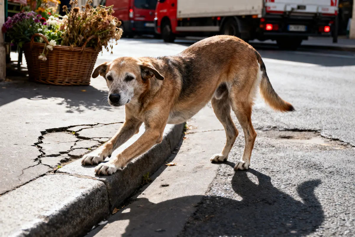 Chien âgé s'étirant difficilement sur un trottoir fleuri mon chien a du mal à se lever et marcher