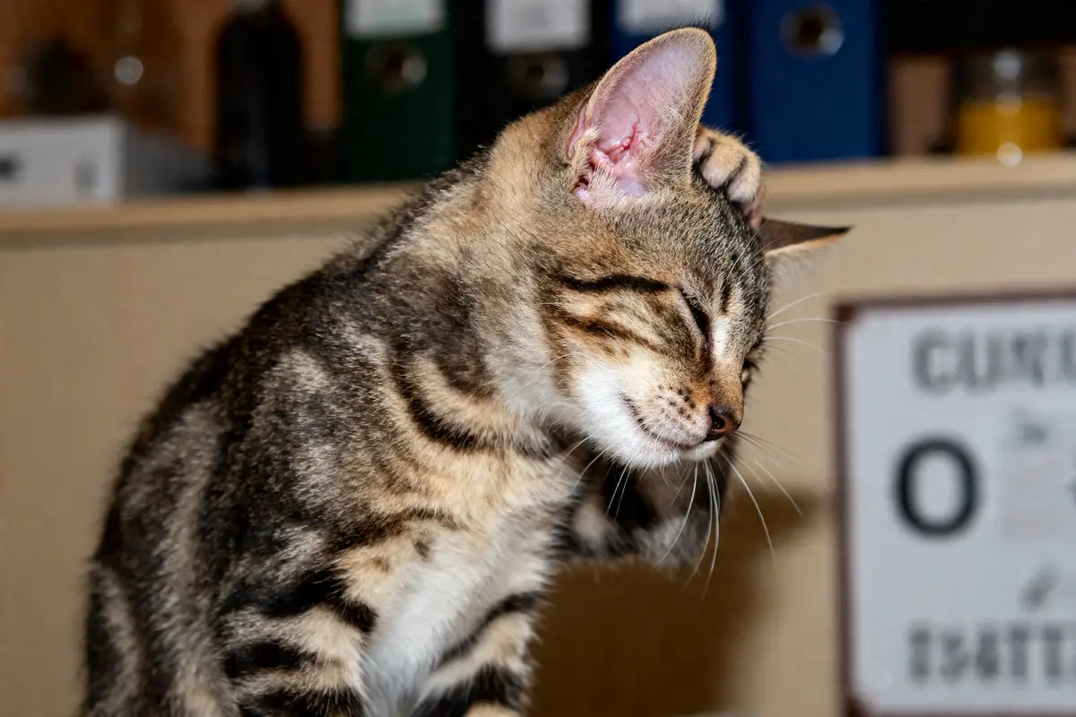 Chaton tigré se gratte l'oreille illustrant otite chaton possible dans un intérieur רccueillant