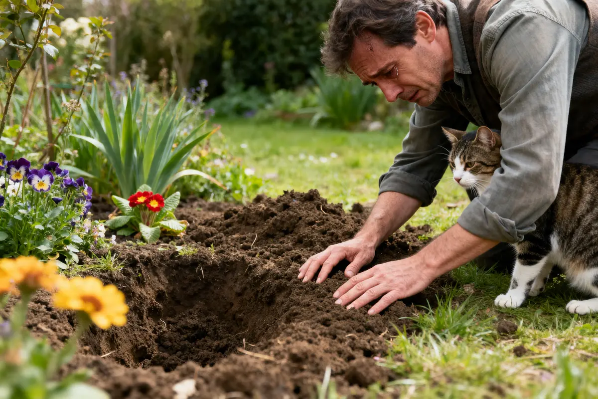 Homme creusant trou dans jardin avec chat peut on enterrer son chat dans son jardin