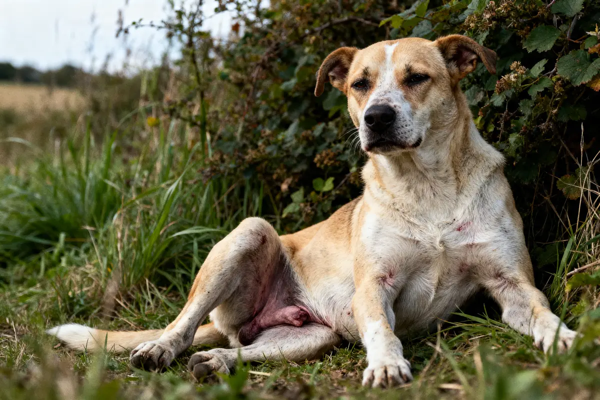 Chien assis dans l'herbe, illustrant les symptômes de prostatite du chien en extérieur rural