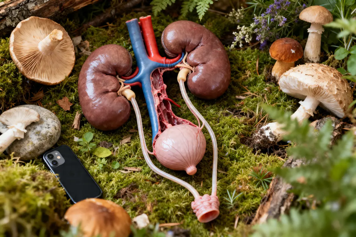 Maquette de systèmes urinaire avec reins et vessie entourée de champignons en forêt