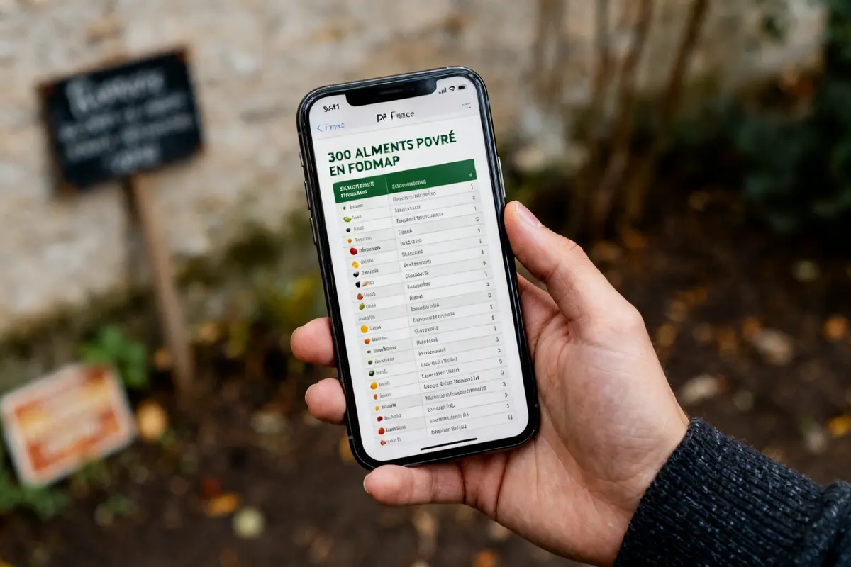 Main tenant un téléphone affichant 300 aliments pauvres en fodmap pdf en extérieur flou