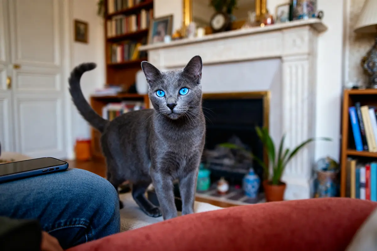 Chat gris avec des yeux bleus dans un salon devant une cheminée blanche