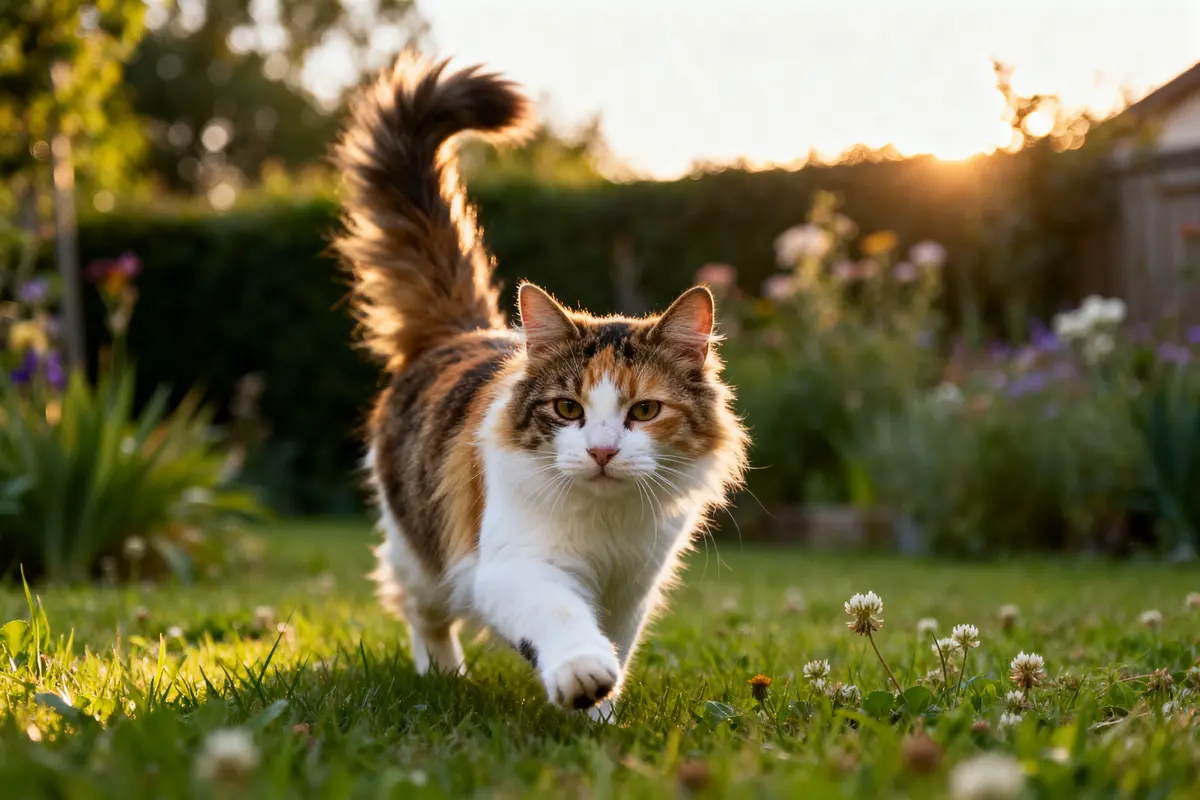 Chat isabelle marchant dans le jardin ensoleillé entouré de fleurs et de verdure