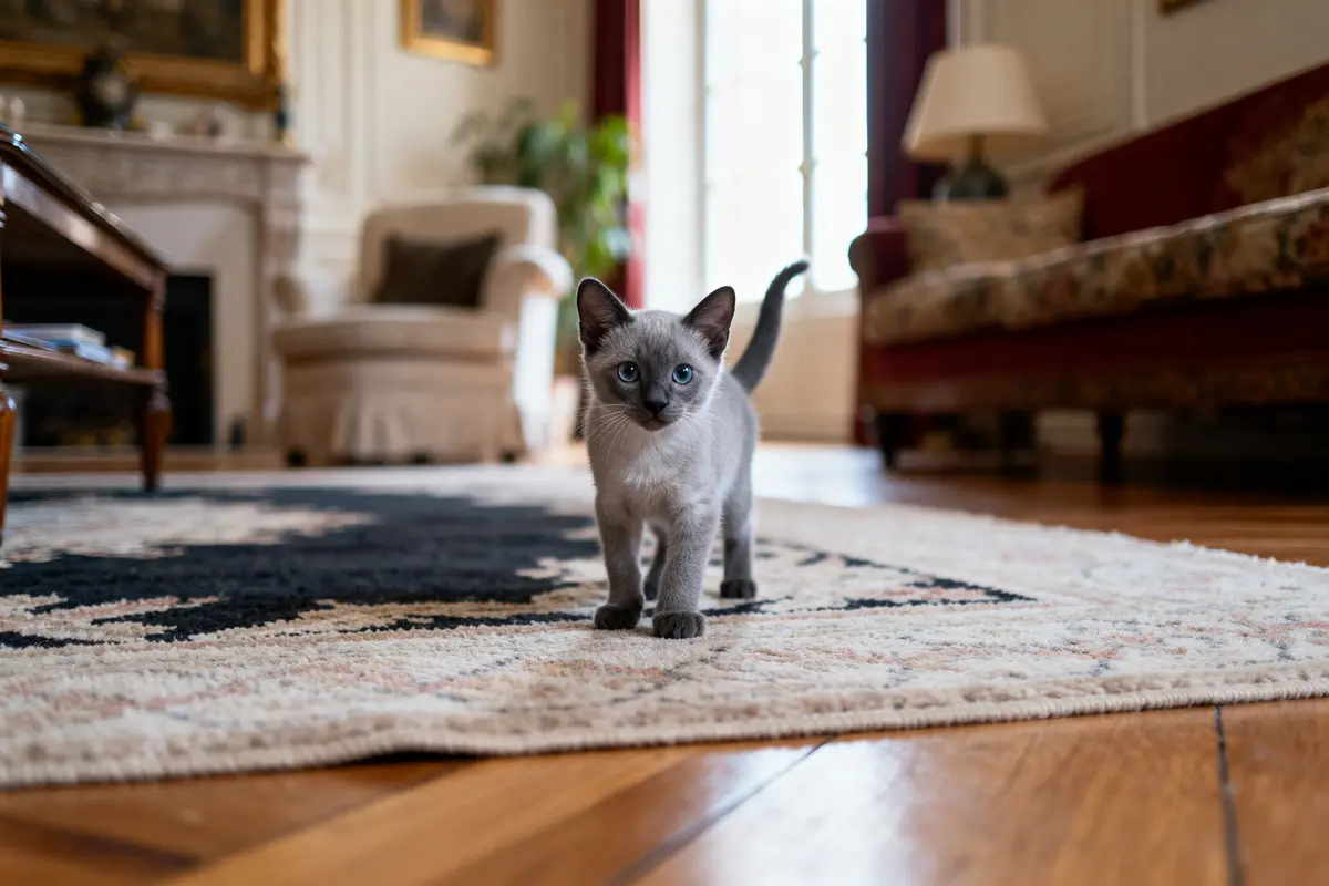 Chaton siamois gris curieux marchant sur un tapis dans un intérieur élégant et lumineux