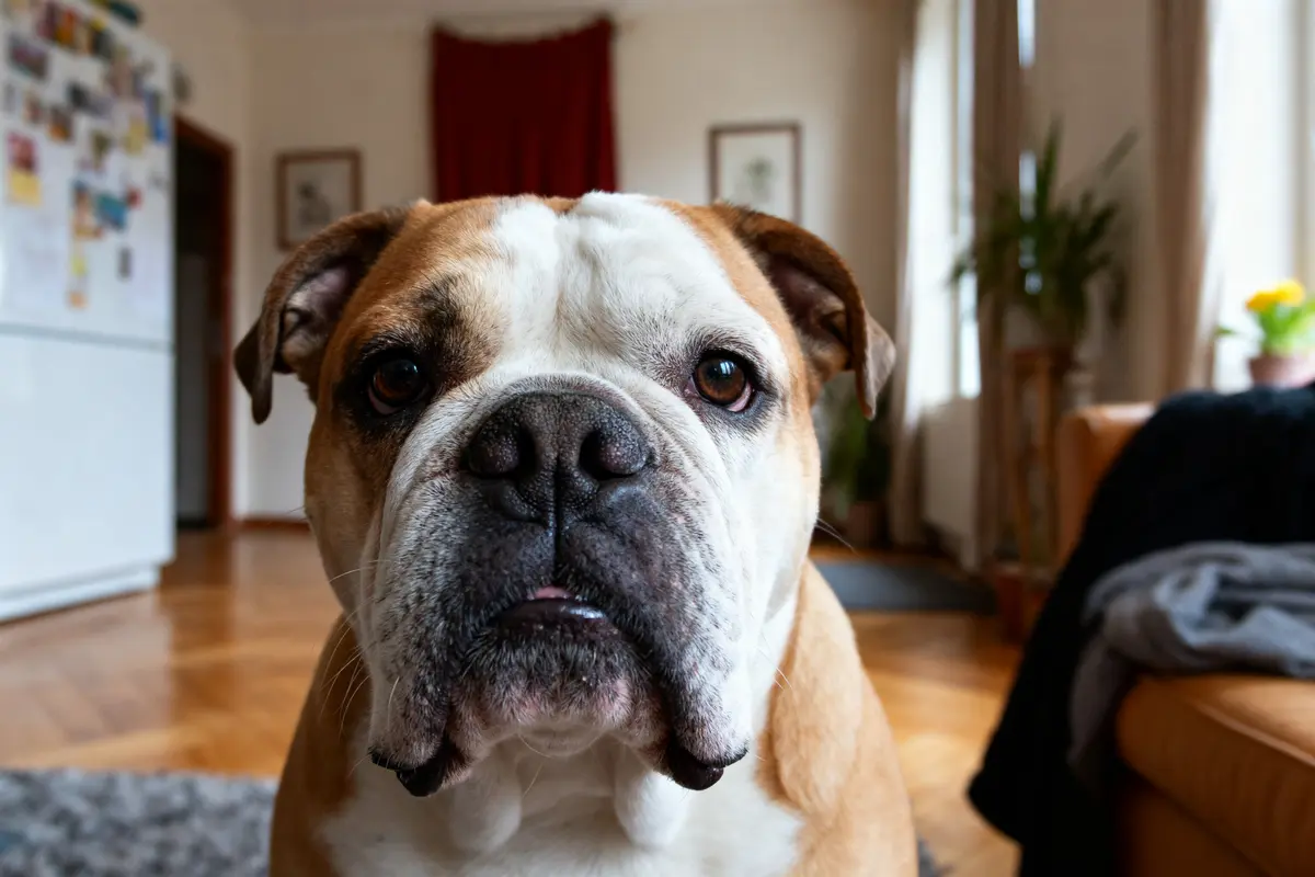 Chien au nez écrasé dans un salon avec des plantes et des meubles en arrière-plan