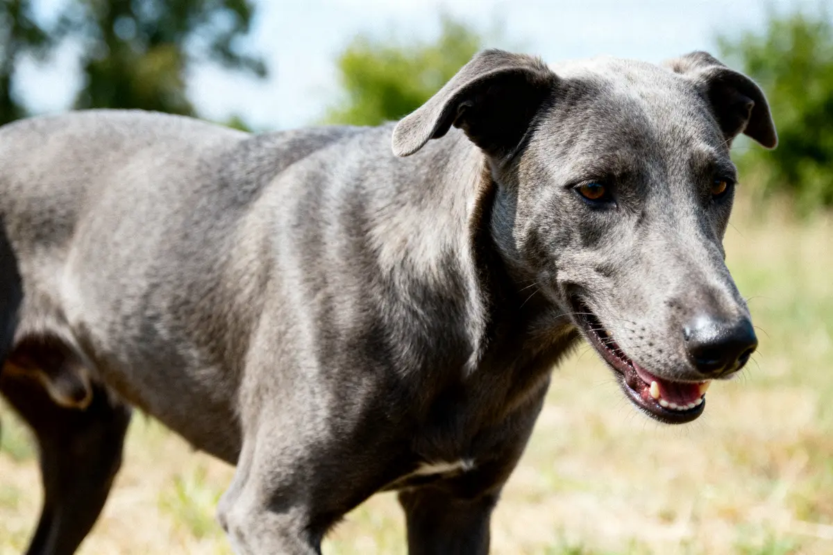 Chien gris marche dans l'herbe sous le soleil avec un fond flou verdoyant