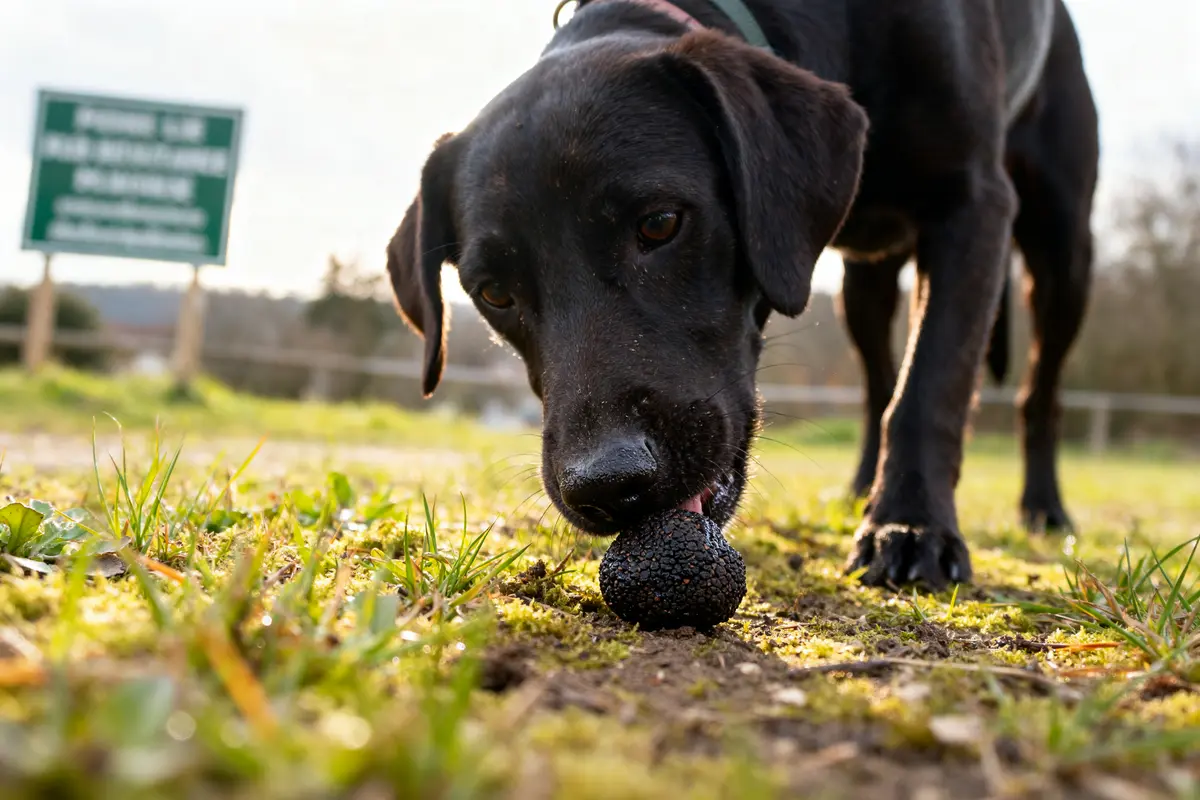 Chien truffe noir renifle sol herbeux pour détection champignon précieux forêt