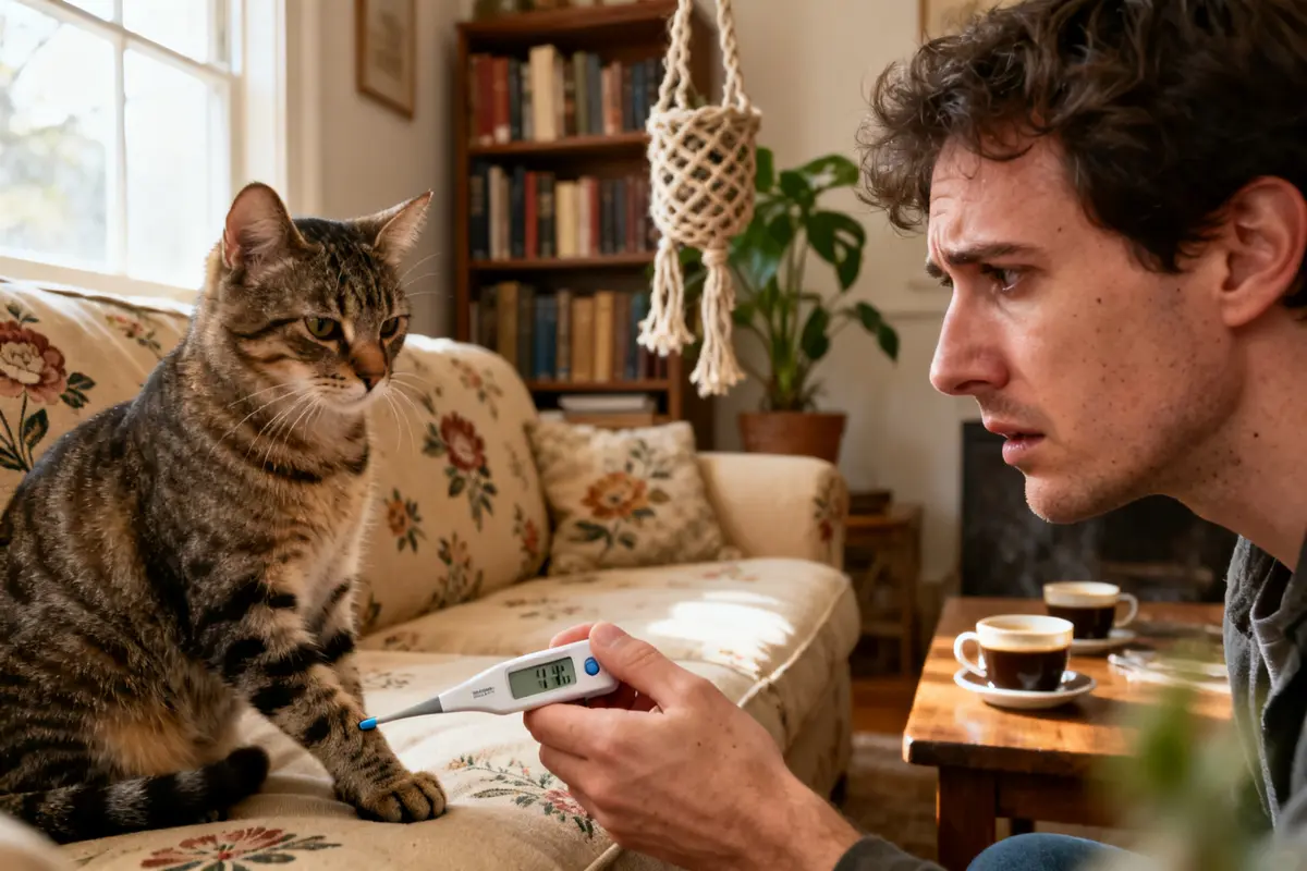 Un homme vérifie comment savoir si mon chat a de la fievre avec un thermomètre.