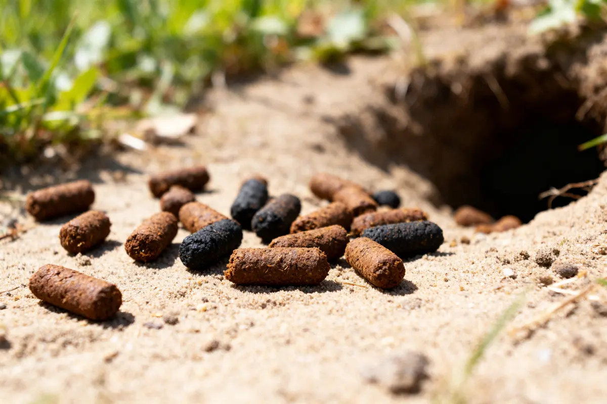 Crottes de mulots dispersées sur sol sableux devant un terrier herbeux