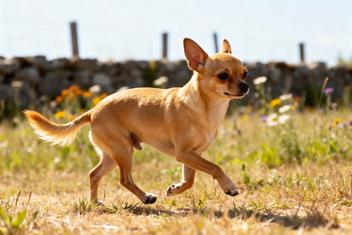 Chien courant joyeusement dans un champ ensoleillé illustrant la durée de vie d'un pinscher nain