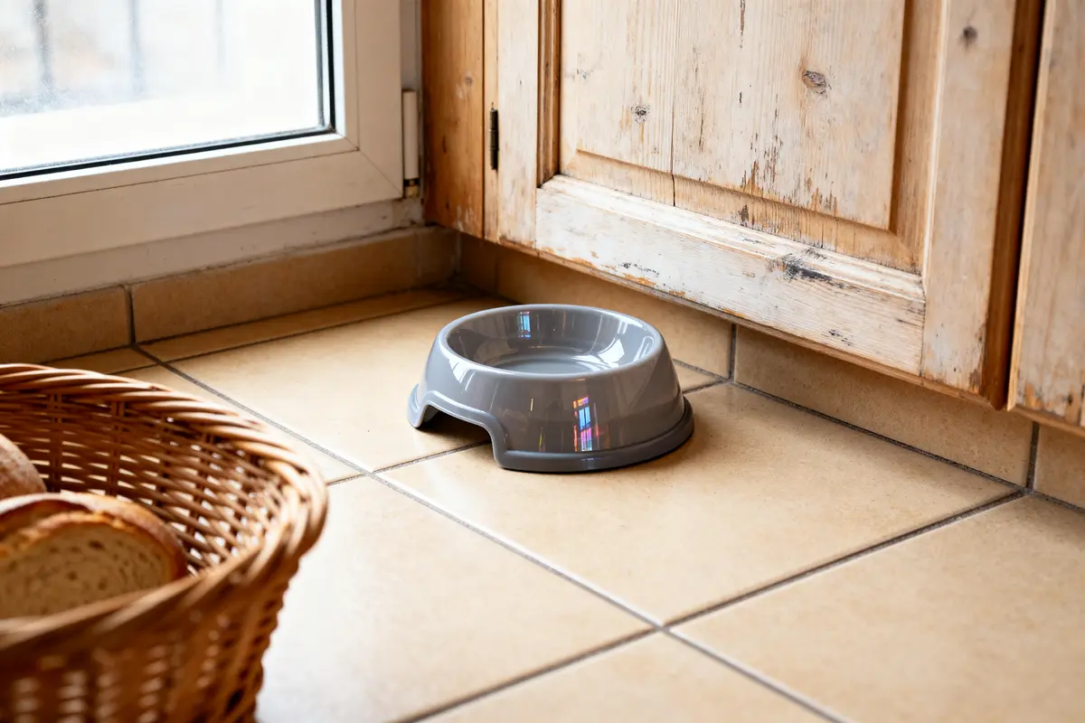 Gamelle anti glouton chat grise sur sol carrelé près d’un panier de pain