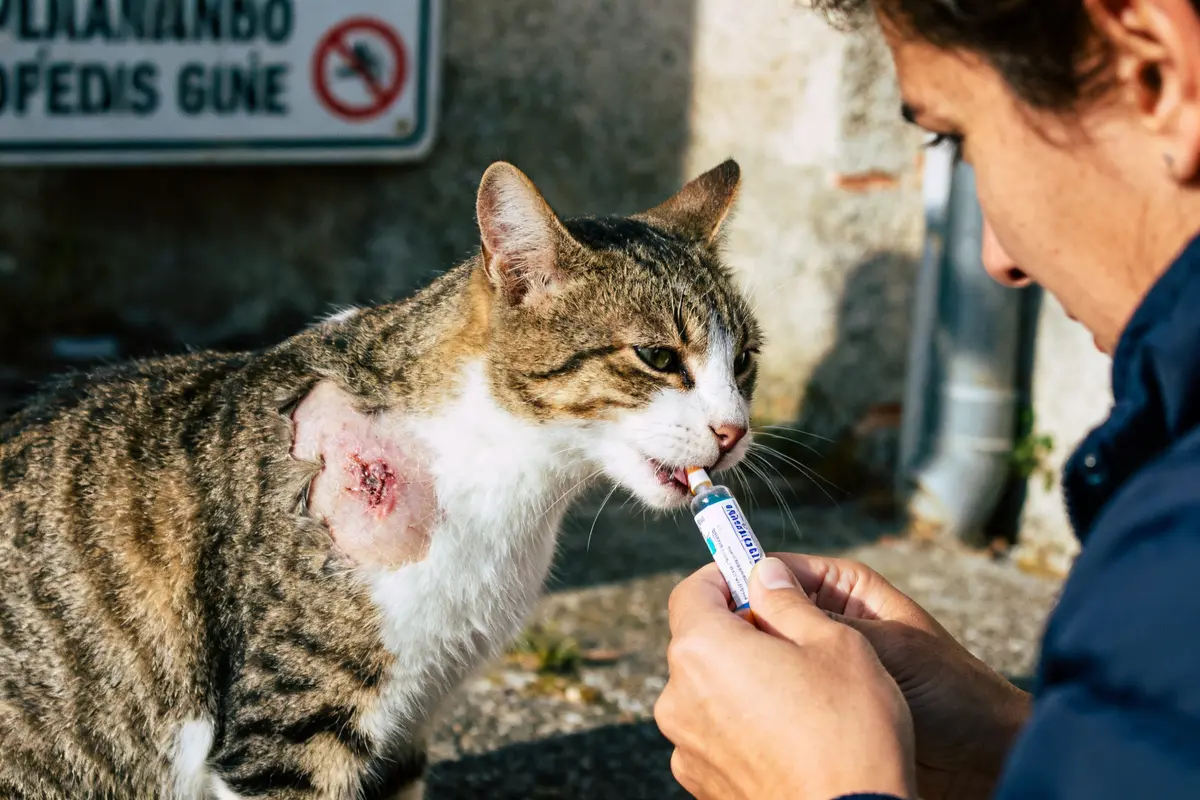 Chat blessé recevant médicament miracle tumeur chat administré par une personne attentive et douce