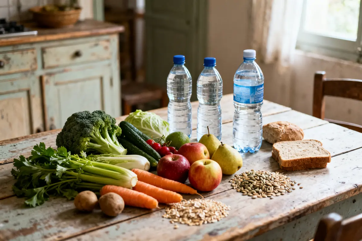 Légumes frais et eau sur table pour nettoyage du colon perte de poids santé