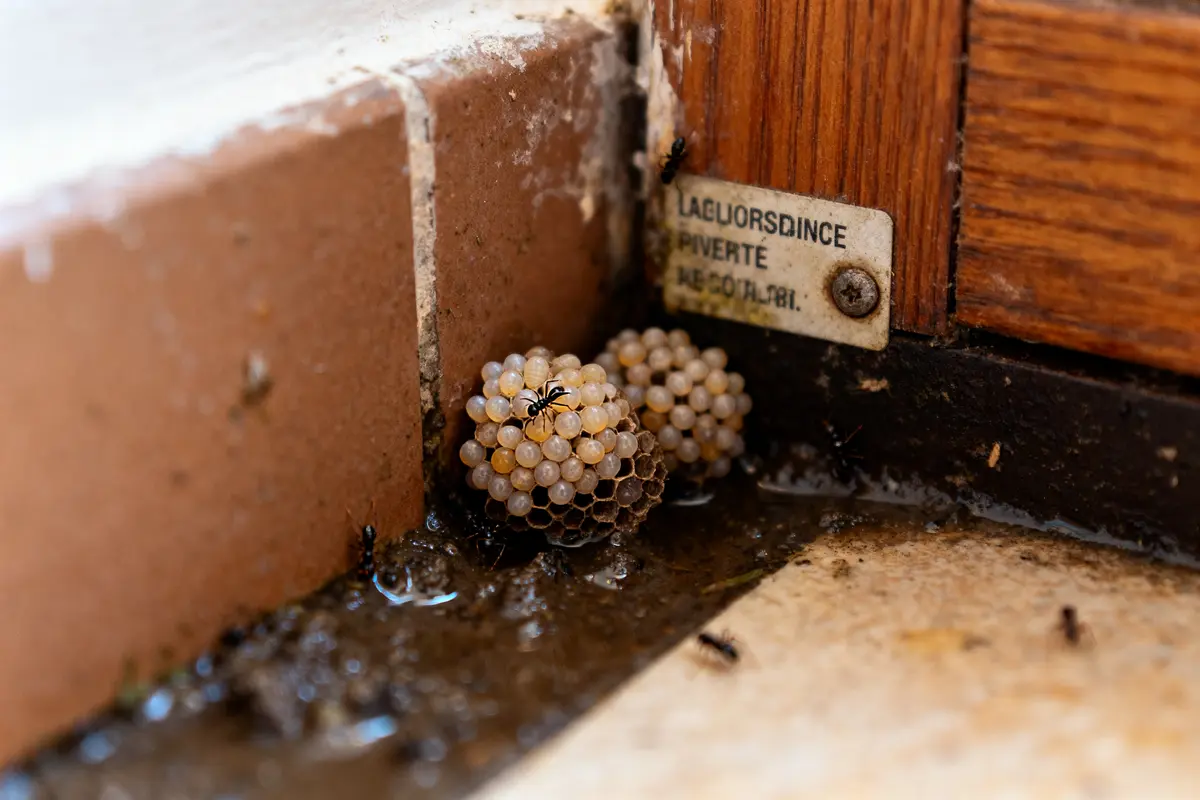 Fourmis près de nid contenant des oeufs de fourmies sur sol humide intérieur.