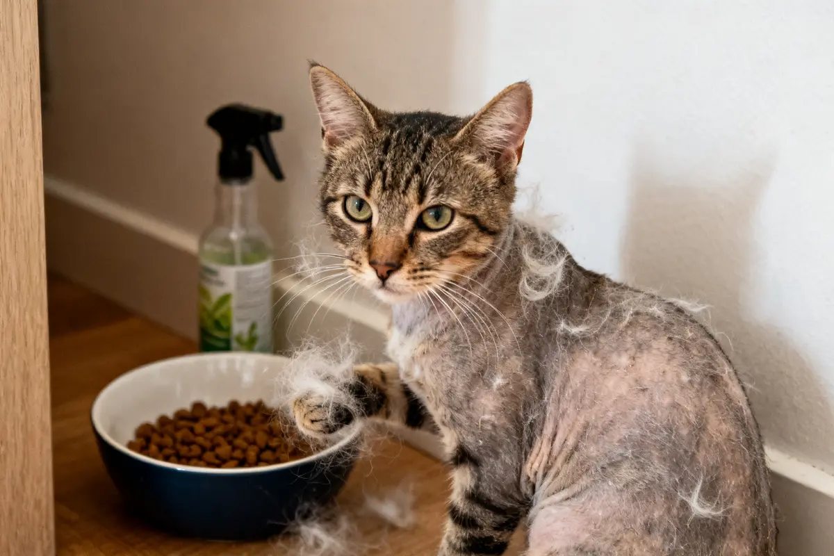Chat avec perte de poil près d'un remède naturel et croquettes au sol