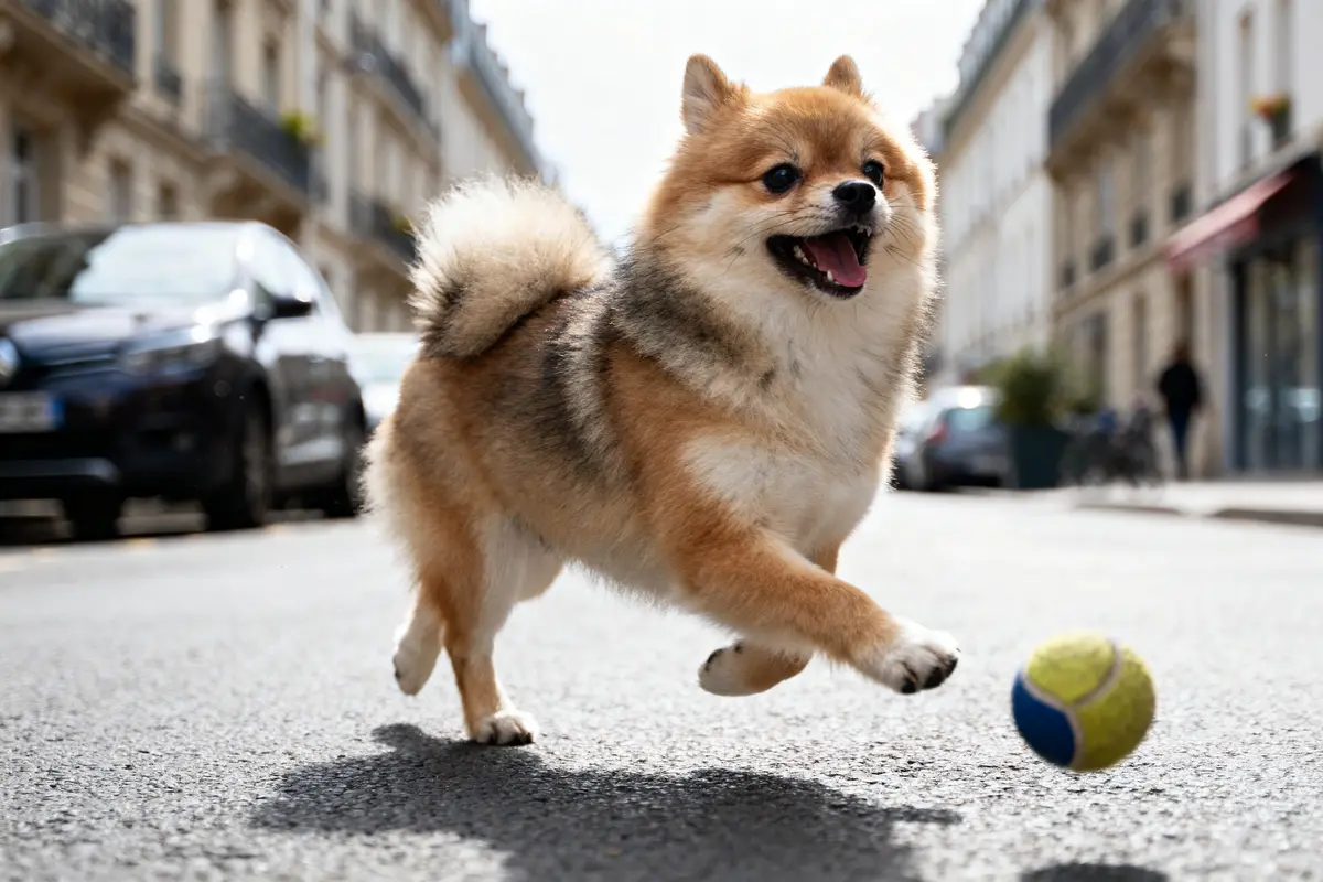 Jeune pomsky joueur courant joyeusement après une balle de tennis en milieu urbain