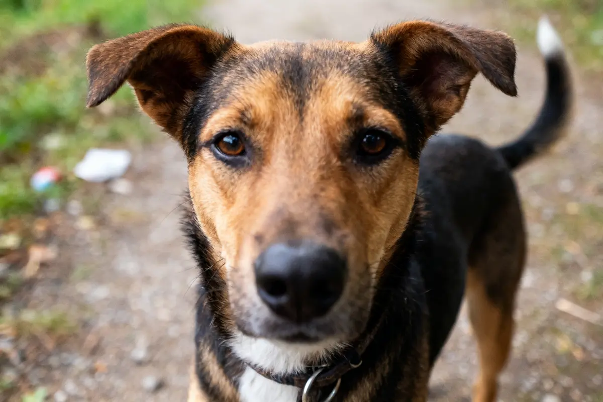 Chien avec pelage brun et noir, idéal pour un prénom chien en V dans la nature