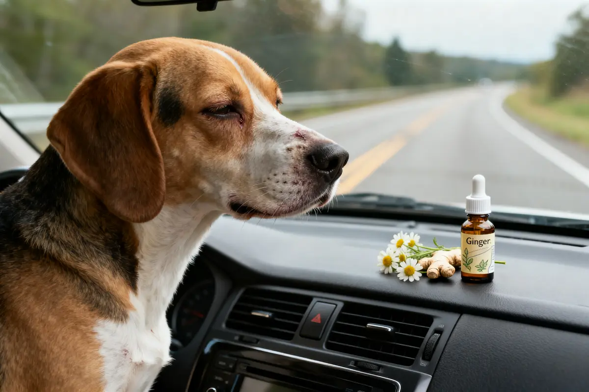 Chien en voiture avec gingembre remède de grand-mère pour chien malade en voyage voiture