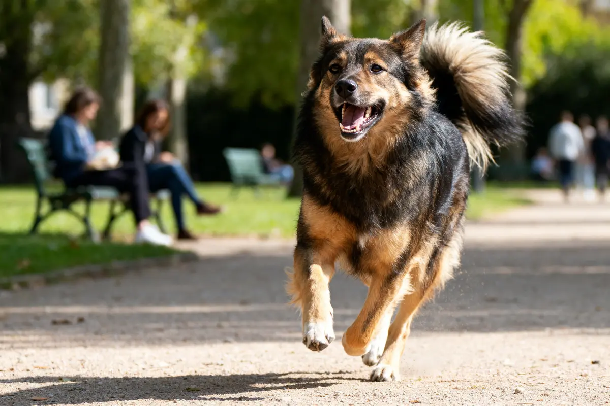 Chien joyeux courant dans un parc ensoleillé avec des gens assis samskies.