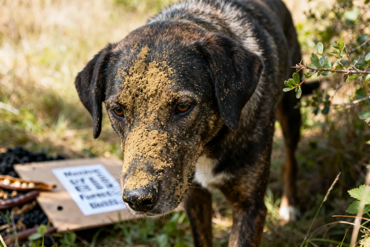 Chien taché de sable dans un champ, ultradiar chien en arrière-plan sur une pancarte
