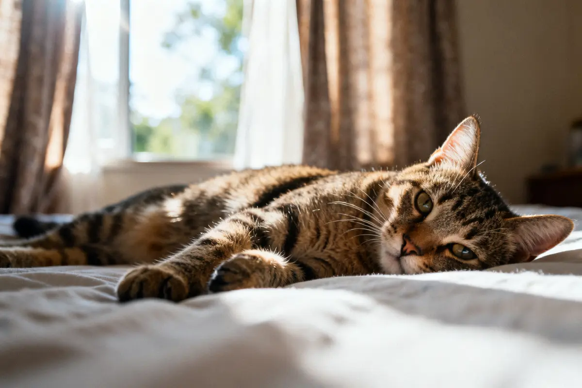 Chat tigré allongé sur un lit ensoleillé vers des chats photos lumineux et apaisants