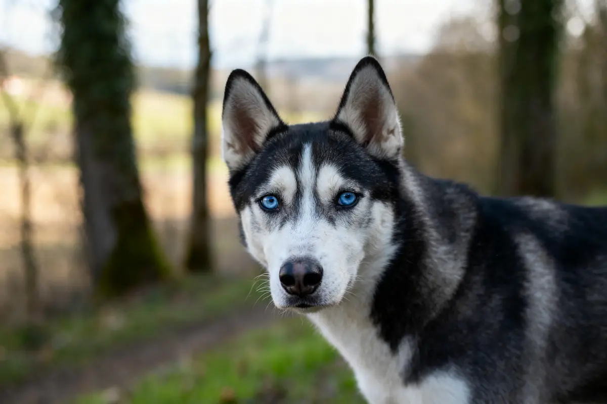 Chien aux yeux bleus observant en forêt avec un regard perçant et intense